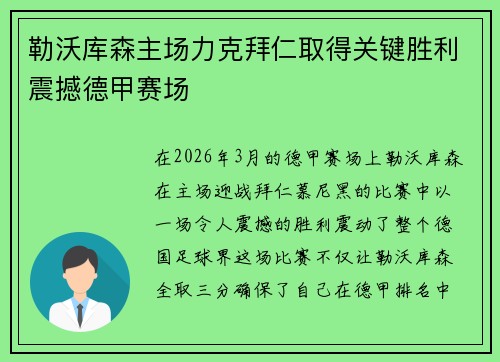 勒沃库森主场力克拜仁取得关键胜利震撼德甲赛场