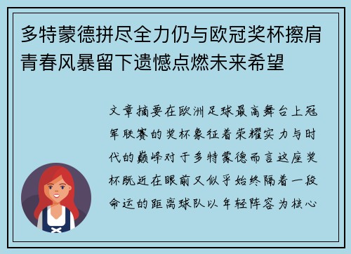 多特蒙德拼尽全力仍与欧冠奖杯擦肩青春风暴留下遗憾点燃未来希望